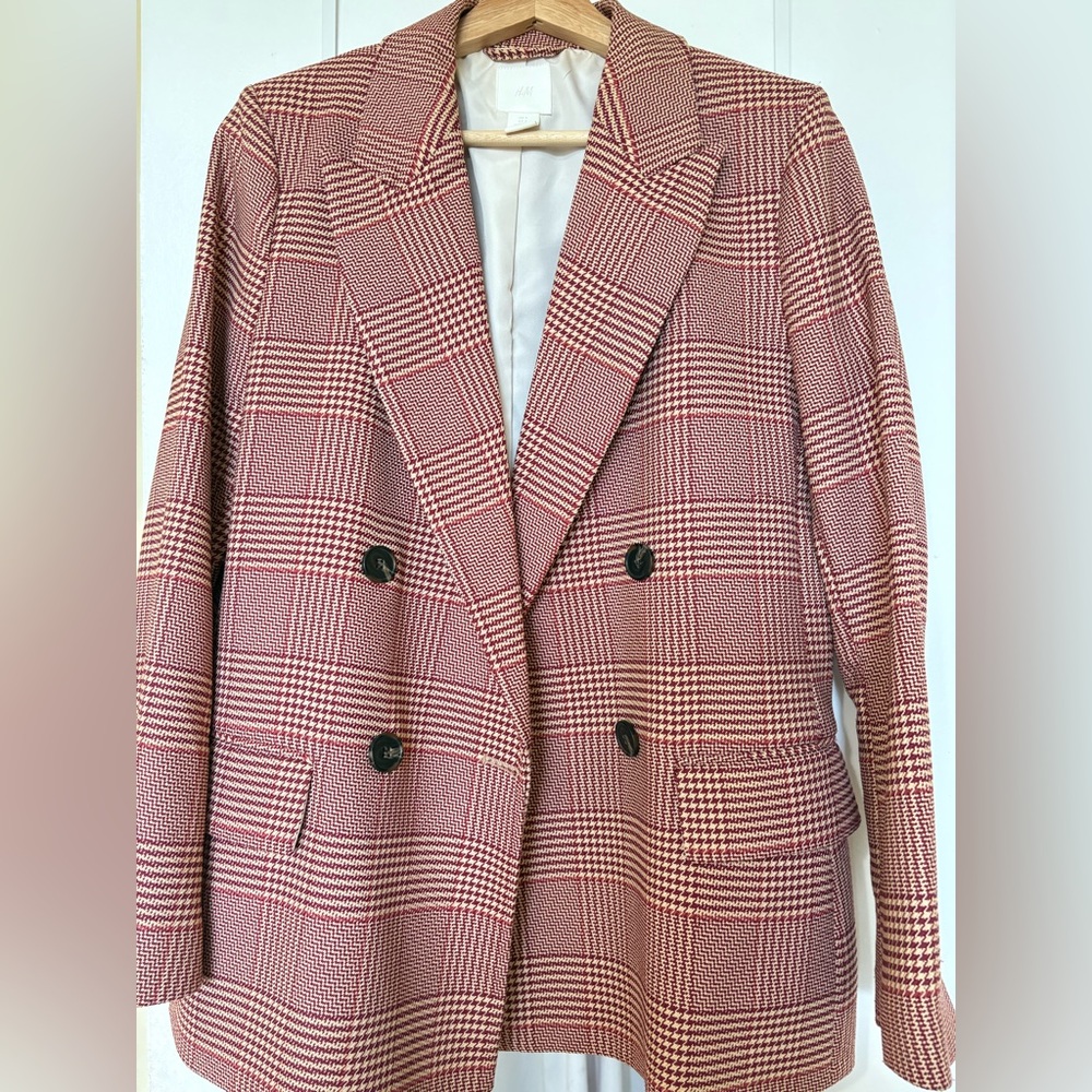 H&M Red and White Blazer Double-Breasted Suit Jacket